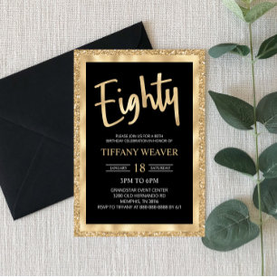 Gold Foil Glitter 80th Birthday Invitation Kaart
