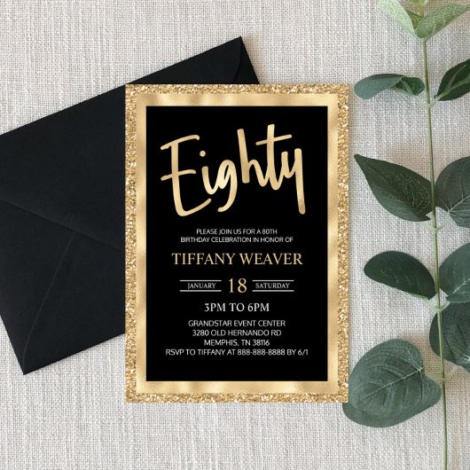 Gold Foil Glitter 80th Birthday Invitation Kaart