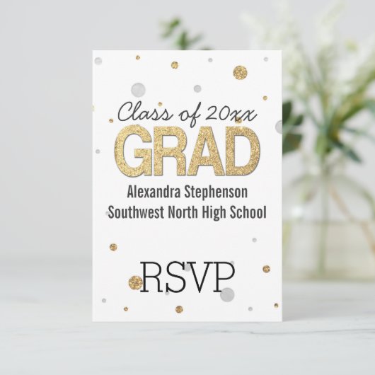 Gold Foil Glitter Confetti Gradution Party Custom RSVP Kaartje (Staand voorkant)