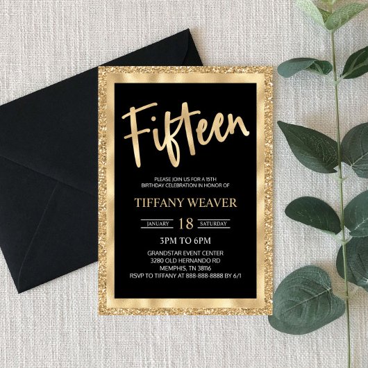 Gold Foil Glitter Fiftiende 15th Birthday Kaart