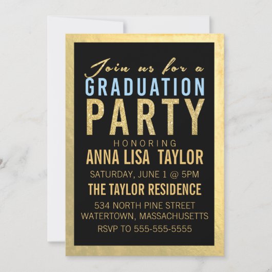 Gold Foil Glitter Gradution Party Invitation Kaart (Voorkant)