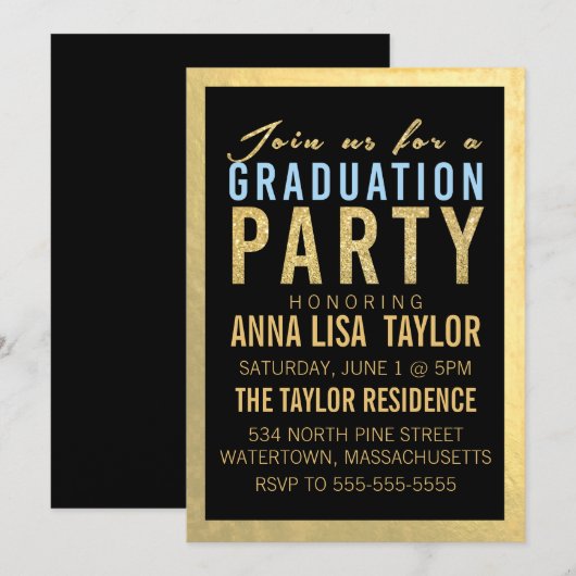 Gold Foil Glitter Gradution Party Invitation Kaart (Voorkant / Achterkant)