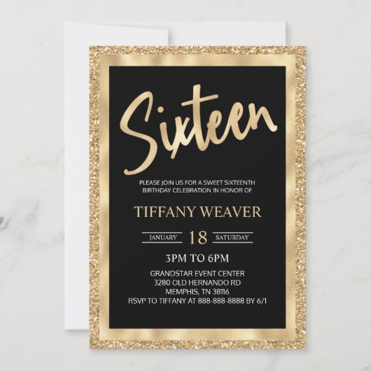 Gold Foil Glitter Zestien 16e verjaardag Uitnodigi Kaart (Voorkant)