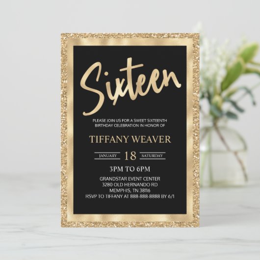 Gold Foil Glitter Zestien 16e verjaardag Uitnodigi Kaart (Staand voorkant)