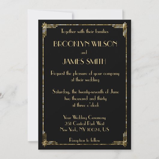 Gold Foil Great Gatsby Art Deco Wedding Invites Kaart (Voorkant)