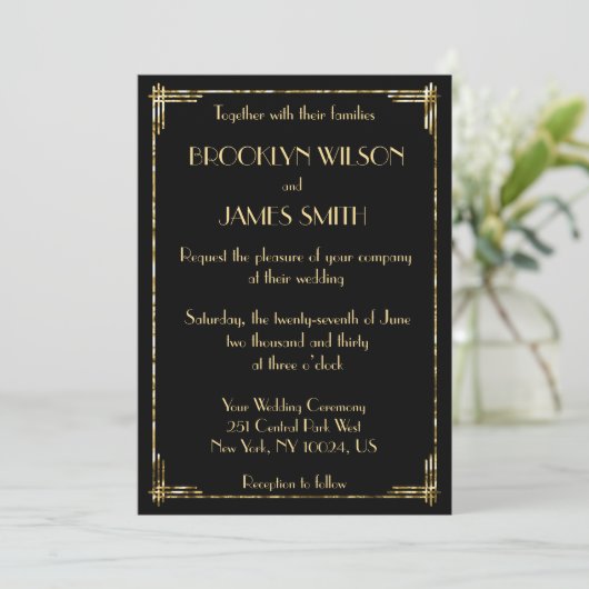 Gold Foil Great Gatsby Art Deco Wedding Invites Kaart (Staand voorkant)