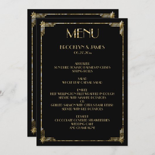 Gold Foil Great Gatsby Art Deco Wedding Menu Black (Voorkant / Achterkant)