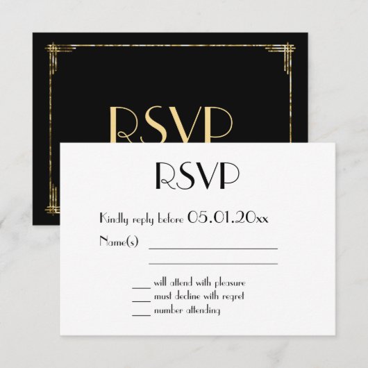 Gold Foil Great Gatsby Art Deco Wedding RSVP Kaart (Voorkant / Achterkant)