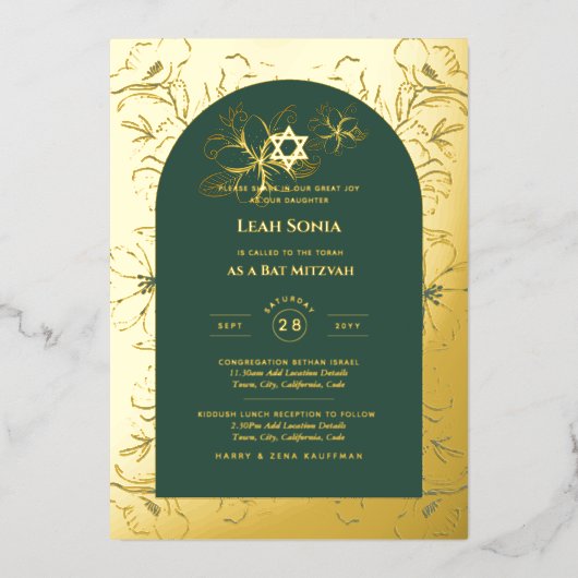 GOLD FOIL Green Bat Mitzvah Foral Floral Folie Uitnodiging (Voorkant)