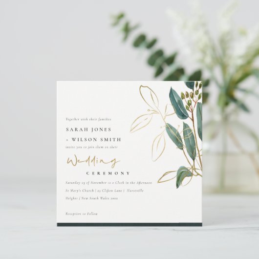 GOLD FOIL GREEN EUCALYPTUS FOLIAGE WEDDING INVITE BEDANKKAART (Staand voorkant)