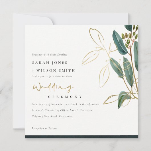 GOLD FOIL GREEN EUCALYPTUS FOLIAGE WEDDING INVITE BEDANKKAART (Voorkant)