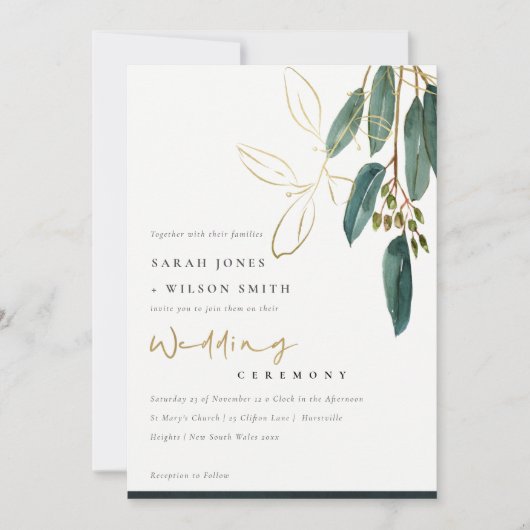 GOLD FOIL GREEN EUCALYPTUS FOLIAGE WEDDING INVITE BEDANKKAART (Voorkant)