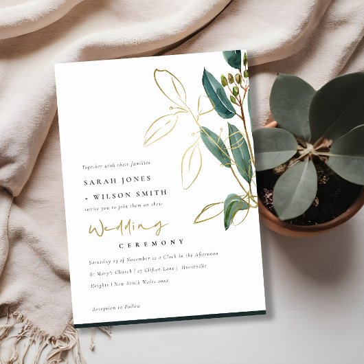 GOLD FOIL GREEN EUCALYPTUS FOLIAGE WEDDING INVITE BEDANKKAART