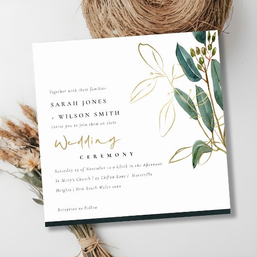 GOLD FOIL GREEN EUCALYPTUS FOLIAGE WEDDING INVITE BEDANKKAART