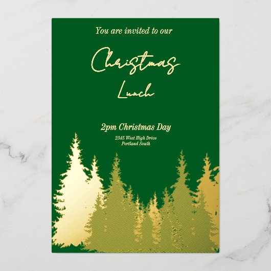 Gold Foil Green Pine Tree Kerstfeest Folie Uitnodiging (Voorkant)