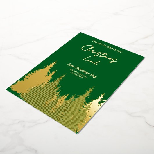Gold Foil Green Pine Tree Kerstfeest Folie Uitnodiging (Gedraaid)