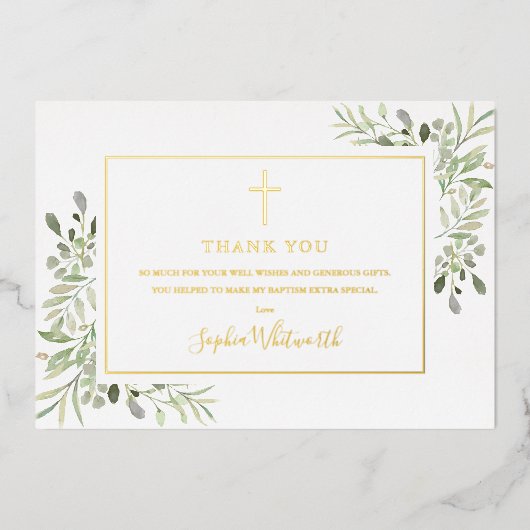 Gold Foil Greenery Baptism Foto: Dank u wel Folie Uitnodiging (Voorkant)