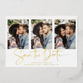 Gold Foil Handwrited Save the Date Multiple Photo Folie Uitnodiging (Voorkant)