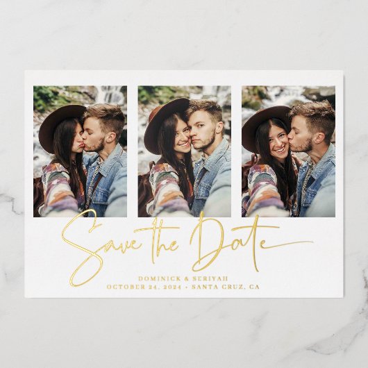 Gold Foil Handwrited Save the Date Multiple Photo Folie Uitnodiging (Voorkant)