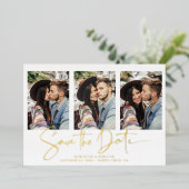 Gold Foil Handwrited Save the Date Multiple Photo Folie Uitnodiging (Staand Voorkant)