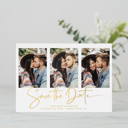 Gold Foil Handwrited Save the Date Multiple Photo Folie Uitnodiging (Staand Voorkant)