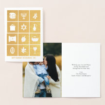 Gold Foil Hanukkah Icons Holiday Greeting Kaart