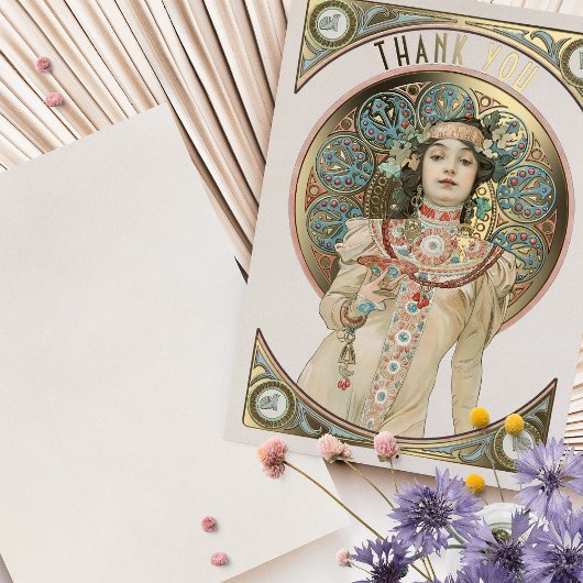 Gold Foil Hartelijk dank Art Nouveau Mucha Folie Uitnodiging