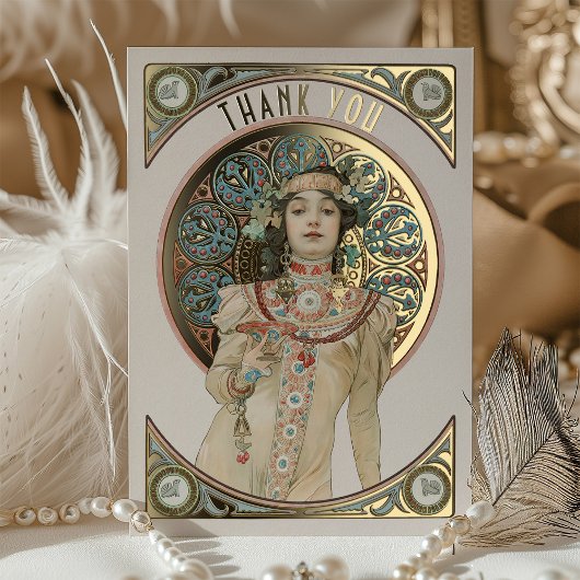 Gold Foil Hartelijk dank Art Nouveau Mucha Folie Uitnodiging