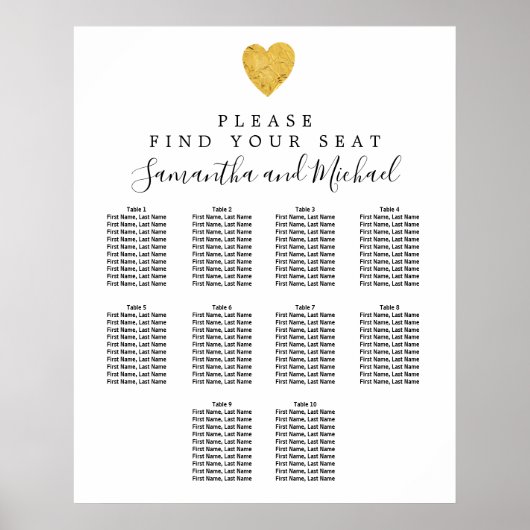 Gold Foil Heart 10-Table Wedding Seating Chart Poster (Voorkant)