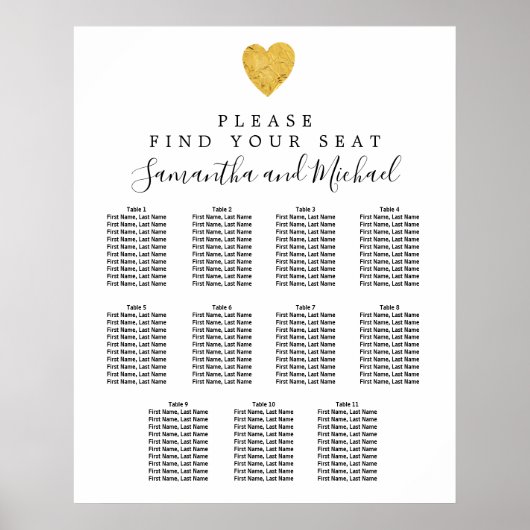 Gold Foil Heart 11-Table Wedding Seating Chart Poster (Voorkant)