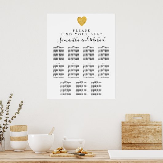 Gold Foil Heart 11-Table Wedding Seating Chart Poster (Keuken)