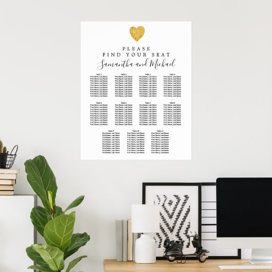 Gold Foil Heart 11-Table Wedding Seating Chart Poster (Thuiskantoor)