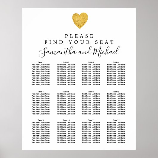 Gold Foil Heart 12-tafel bruiloft Poster (Voorkant)
