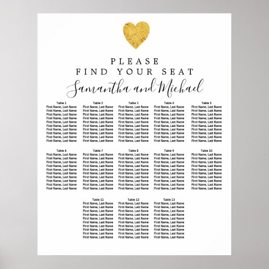 Gold Foil Heart 13-tafel bruiloft Poster (Voorkant)
