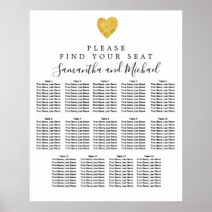 Gold Foil Heart 14-Table Wedding Seating Chart Poster