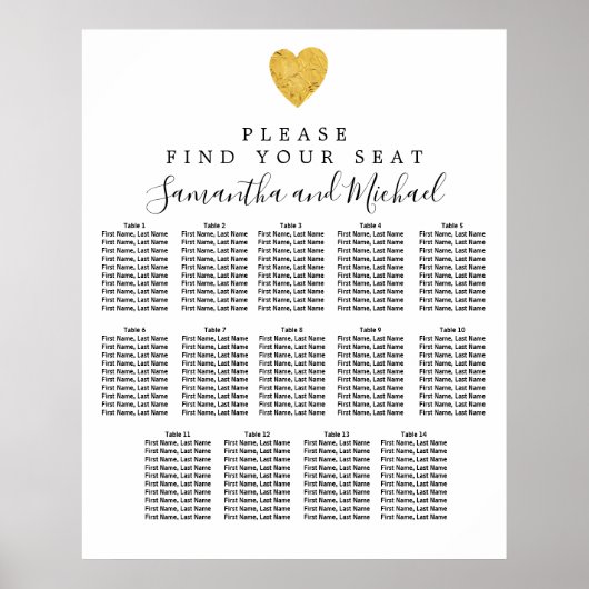 Gold Foil Heart 14-Table Wedding Seating Chart Poster (Voorkant)