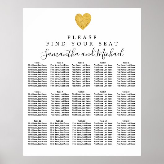 Gold Foil Heart 15-tafel bruiloft Poster (Voorkant)