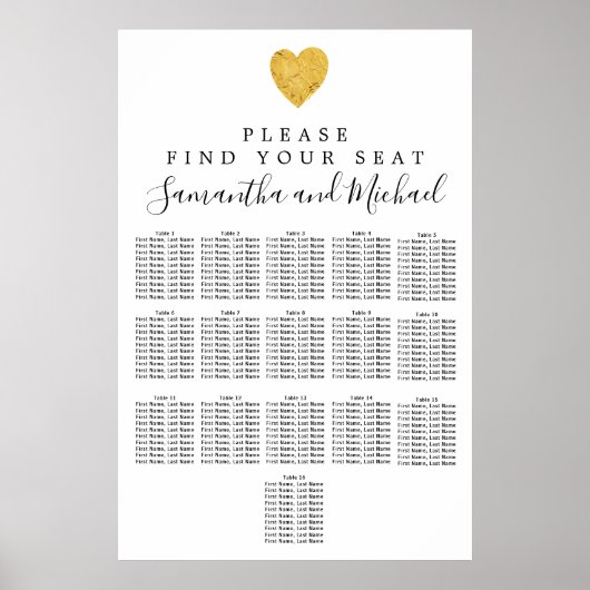 Gold foil Heart 16-Table Wedding Seating Chart Poster (Voorkant)