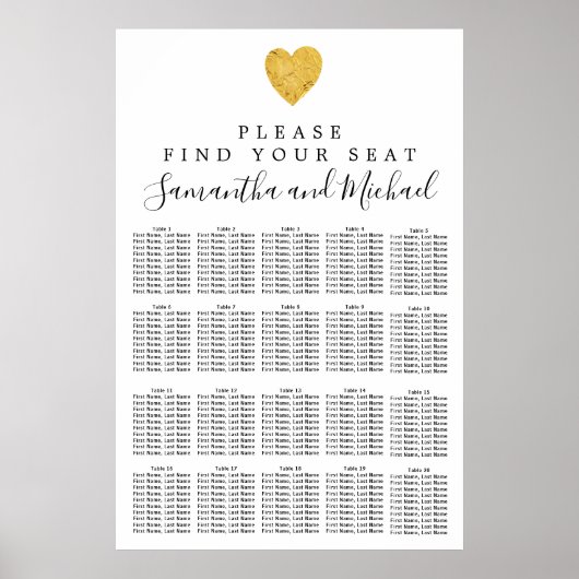 Gold foil Heart 20-tafel bruiloft Poster (Voorkant)