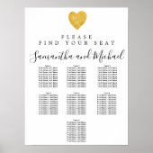 Gold foil Heart 7-Table Wedding Seating Chart Poster (Voorkant)