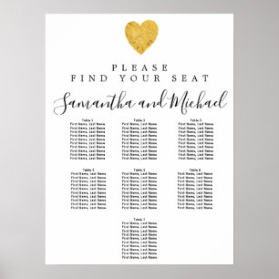 Gold foil Heart 7-Table Wedding Seating Chart Poster