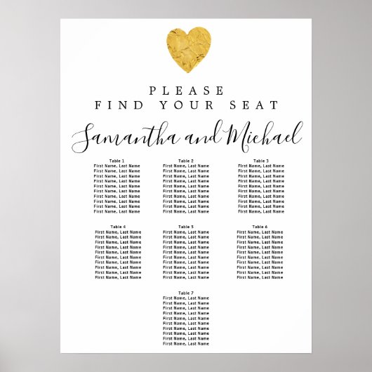 Gold foil Heart 7-Table Wedding Seating Chart Poster (Voorkant)