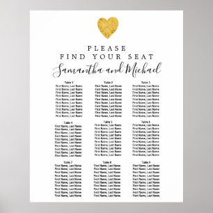 Gold Foil Heart 9-Table Wedding Seating Chart Poster