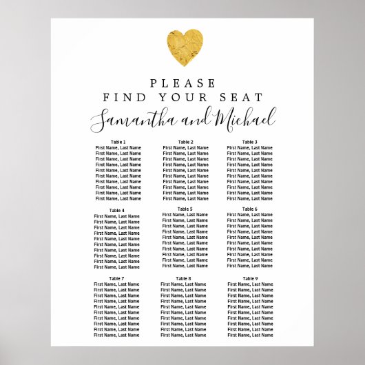 Gold Foil Heart 9-Table Wedding Seating Chart Poster (Voorkant)