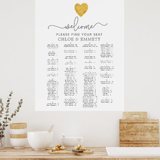 Gold Foil Heart Alfabetical Weddenschappen Seating Poster (Keuken)