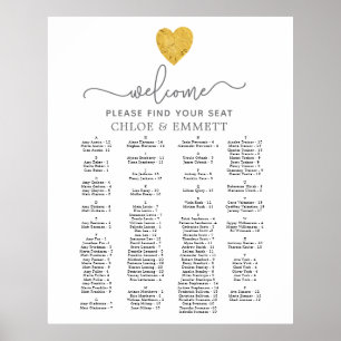 Gold Foil Heart Alfabetical Weddenschappen Seating Poster
