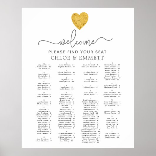 Gold Foil Heart Alfabetical Weddenschappen Seating Poster (Voorkant)
