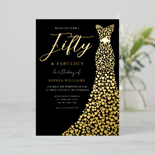 Gold Foil Heart Dress 50th Birthday Party Golden Folie Uitnodiging (Staand Voorkant)