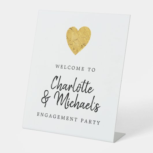 Gold Foil Heart Engagement Party Welkom Reclamebord Met Voetstuk (Voorkant)