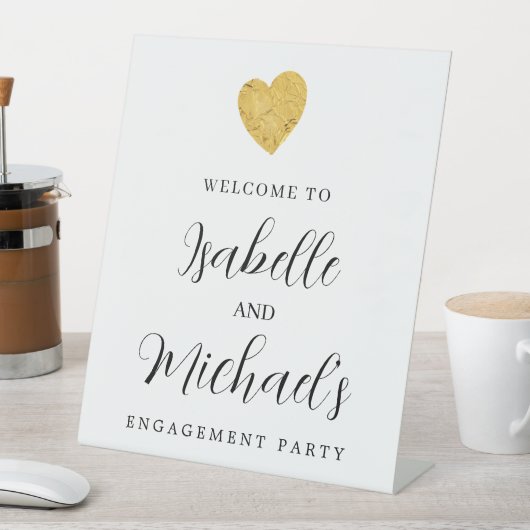 Gold Foil Heart Engagement Party Welkom Reclamebord Met Voetstuk (Insitu)